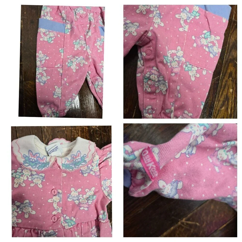 Vintage Oshkosh Pink Cotton Denim Bunny Print Romper 3-6 Months